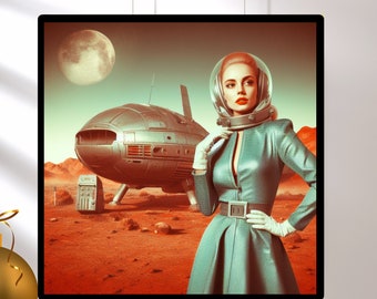 Astro Girl Next Door Collection, Retro Astronaut Woman, Physical Print, 1950s Space Art Print, Vintage Sci-Fi Decor - Unique Gifts for Him