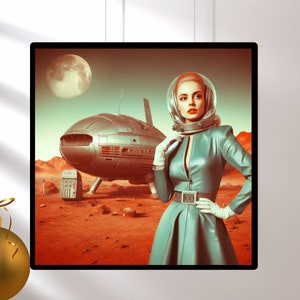 Astro Girl Next Door Collection, Retro Astronaut Woman, Physical Print, 1950s Space Art Print, Vintage Sci-Fi Decor Unique Gifts for Him astrogirl blue