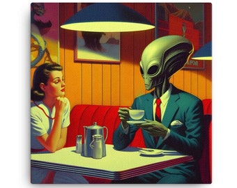 Aliens in Diners Getting Coffee I Vintage 1960's Inspired Alien UFO Sighting I Mid Century Modern I Dark Moody Wall Art 12x12 canvas