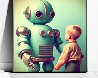 Retro Robot and Boy Print | Whimsical Kids Art | Vintage-Inspired | Nursery Decor | Children's Room Wall Art