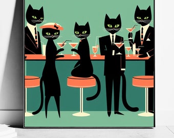 Black Cats Day Drinking Art, Cocktail Print, Cat Mom Gifts