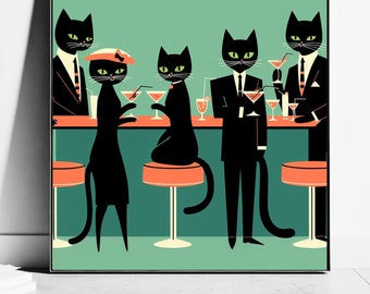 Black Cats Day Drinking Art, Cocktail Print, Best Holiday Gifts, Cat Mom Gifts