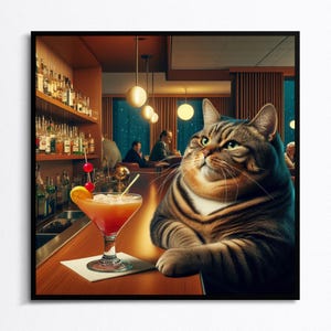 May include: A tabby cat sits at a bar counter with a cocktail glass in front of it. The cat has a serious expression on its face and is wearing a brown leather jacket. The bar is dimly lit and there are other people in the background.