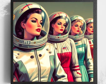 1960s Space Age Atomic Fashion Print, Retro Female Astronauts, Physical Print, Unique Gifts for Him