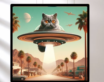 Funny Cat Alien Abduction Art Print, Mid-Century Modern UFO Art