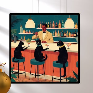 Póster de gatos de mediados de siglo bebiendo cócteles, impresión divertida de gatos, regalos para amantes de los gatos, decoración de bar retro de mediados de siglo