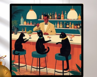 Art à boire pour la journée des chats noirs, affiche de cocktail de chats, art de chat du milieu du siècle, décoration de bar rétro, cadeaux pour la maison - cadeau de vacances unique