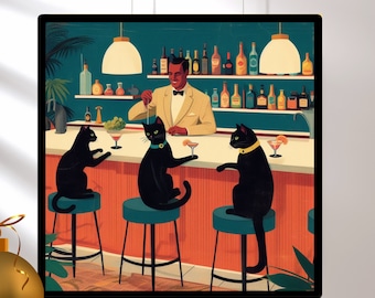 Black Cats Day Drinking Art, Cats Cocktail Poster, Mid Century Cat Art, Retro Bar Decor, Home Gifts - Best Holiday Gifts
