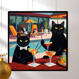 Cats Cocktail Print, Black Cats Day Drinking, Retro Bar Cart Cocktail Poster, Cute Apartment Wall Art immagine 5