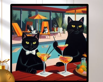 Cats Cocktail Print, Black Cats Day Drinking, Retro Bar Cart Cocktail Poster, Cute Apartment Wall Art