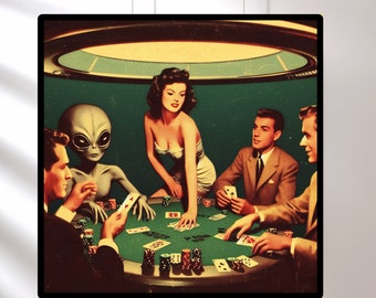 May include: A group of people, including an alien, are playing cards around a green felt table. The alien is gray and has large, black eyes. The people are dressed in 1950s clothing. The table is set in a room with a large, round, silver ceiling.