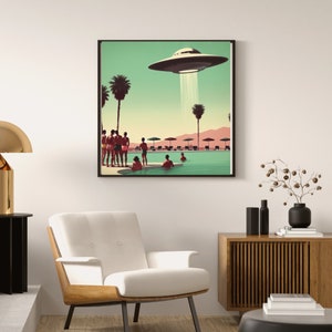 Vintage 1960's Inspired UFO Art, Mid Century Modern Art, MCM Wall Art, Palm Springs Poster, UFO Gifts, Poolside Sighting image 3