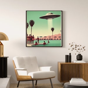 May include: A retro-style illustration of a flying saucer hovering over a swimming pool with palm trees and people in the background. The pool is surrounded by lounge chairs and umbrellas.