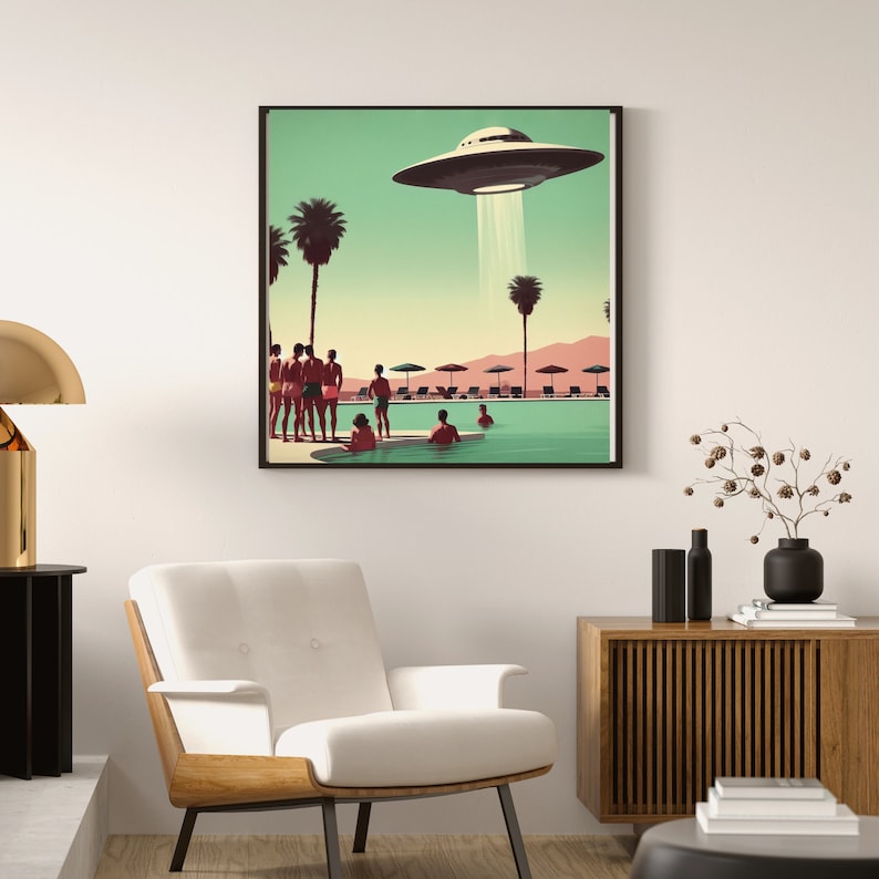 May include: A retro-style illustration of a flying saucer hovering over a swimming pool with palm trees and people in the background. The pool is surrounded by lounge chairs and umbrellas.
