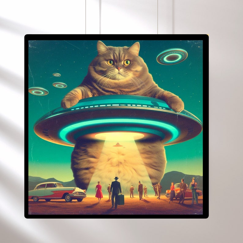 Cat Alien Abductions Trendy Cat Art Prints Mid Century Wall Art, Vintage 1960's Inspired UFO Sighting Boyfriend Gift fat cat