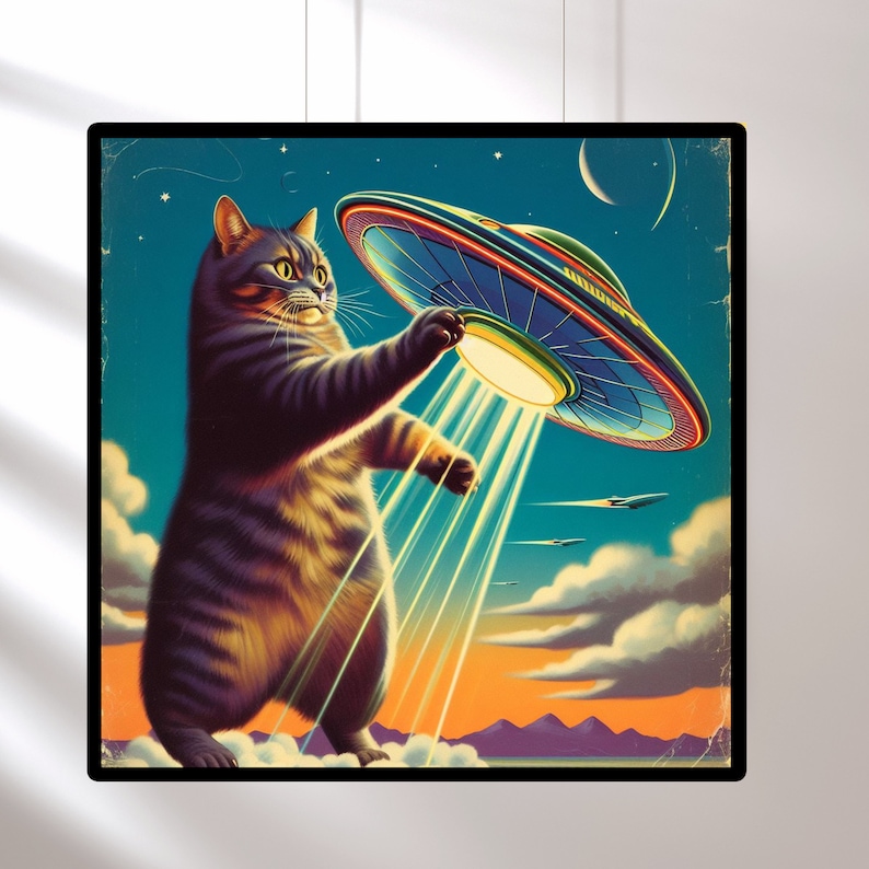 Cat Abduction Trendy Western Desert Wall Art, Vintage 1950's Inspired UFO Sighting Boyfriend Gift cat spinning ufo