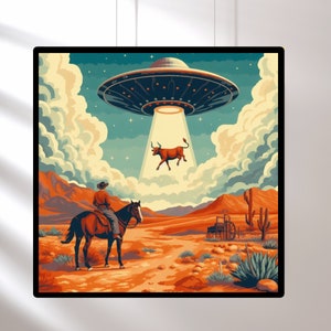UFO Cow Abduction - Trendy Western Cowboy Wall Art, Vintage 1950's Inspired UFO Sighting