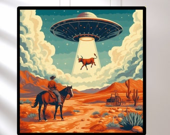 UFO Cow Abduction - Trendy Western Cowboy Wall Art, Vintage 1950's Inspired UFO Sighting