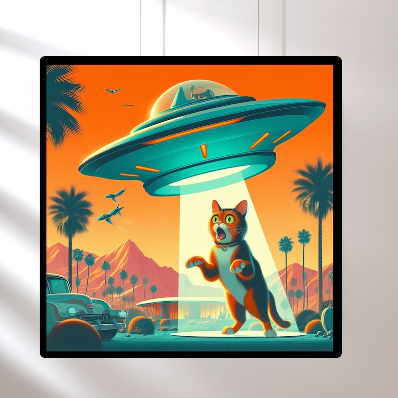 Cat Alien Abductions Trendy Cat Art Prints Mid Century Wall Art, Vintage 1960's Inspired UFO Sighting Boyfriend Gift image 3