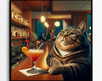 Fat Cat Cocktail Print | Retro Bar Cart Aesthetic Decor | Cute Apartment Wall Art