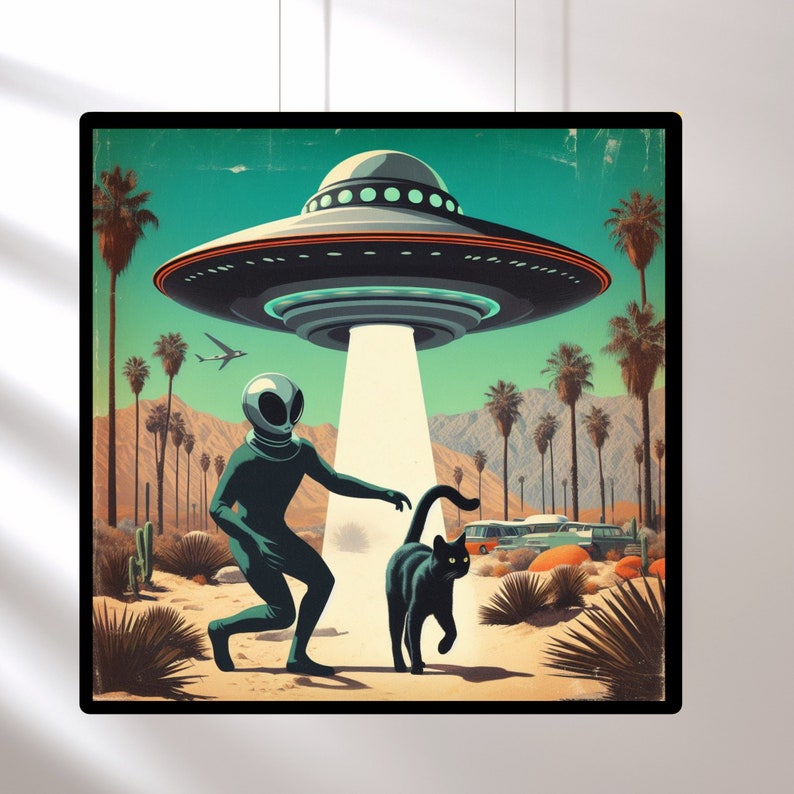 Cat Alien Abductions Trendy Cat Art Prints Mid Century Wall Art, Vintage 1960's Inspired UFO Sighting Boyfriend Gift getaway cat