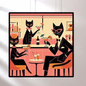 Cats Cocktail Poster, Mid Century Cat Art, Retro Bar Decor, Home Gifts Valentines Day Gift swanky cats