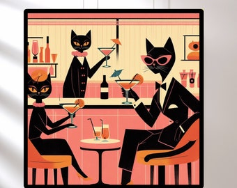 Cats Cocktail Poster, Mid Century Cat Art, Retro Bar Decor, Home Gifts - Valentines Day Gift