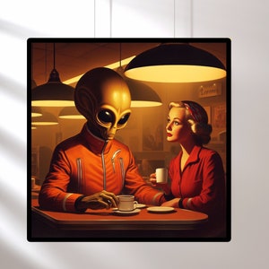 Alien Art Prints - Coffee Dates in Mid Century Modern Diners - Best Holiday Gifts - Vintage 1960s Inspired Wall Art
