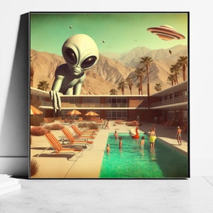 UFO Art, Retro Sci-Fi Art, Vintage 1950's Inspired UFO Sighting Space Cowboy Boyfriend Gift poolside clamor