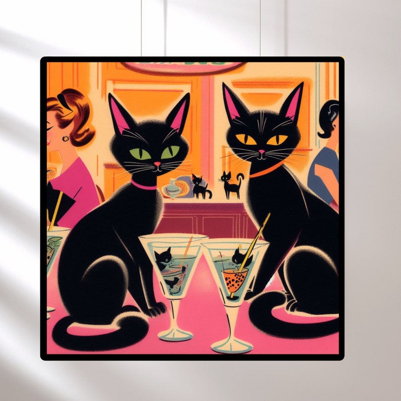 Art à boire pour la journée des chats noirs, affiche de cocktail de chats, art de chat du milieu du siècle, décoration de bar rétro, cadeaux pour la maison cadeau de vacances unique pink and orange