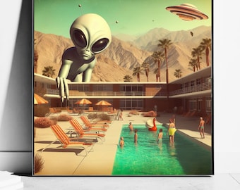 Retro Alien Invasion Art Print, Mid-Century Modern Sci-Fi Decor