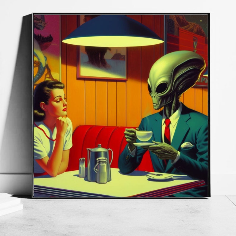 Aliens in Diners Getting Coffee I Dark Moody Wall Art Mid Century Modern I Handmade Retro Diner Art Prints alien date