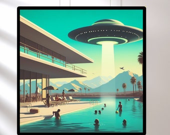 Vintage 1960's Inspired UFO Art, Mid Century Modern Art, MCM Wall Art,  Palm Springs Poster, UFO Gifts, Poolside Sighting