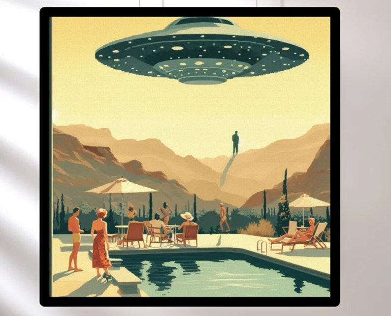 Vintage 1950's Inspired UFO Art, Retro Futuristic, MCM Wall Art, Atomic Age Poster, UFO Gifts, Poolside Sighting immagine 7