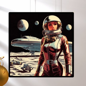 May include: A woman in a red and silver spacesuit stands in front of a spaceship. She is wearing a helmet with a visor and has a determined expression on her face. The spaceship is silver and has a long, thin body. The background is a dark blue with stars.