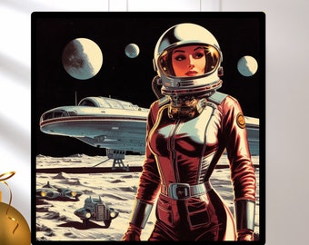 Astro Girl Next Door - Retro Astronaut Woman Poster, Vintage Sci-Fi Decor, Space Art Print, Unique Holiday Gifts, physical print