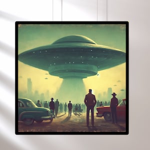 UFO Art, Retro Sci-Fi Art, Vintage 1950's Inspired UFO Sighting Space Cowboy Boyfriend Gift invasion