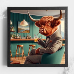 Cow Art Print, Funny Cow Wall Art, Cow and friend at a Bar Drinking, Cocktail Prints, Bar Cart Decor, Gifts for Him sharp dressed cow