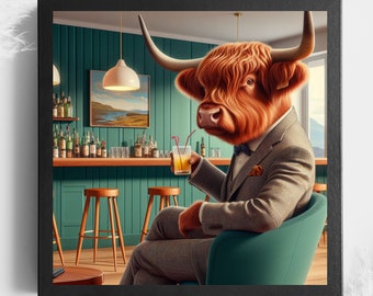 Highland Cow at a Bar,  Cocktail Prints, Bar Cart Decor,  Gifts for Him