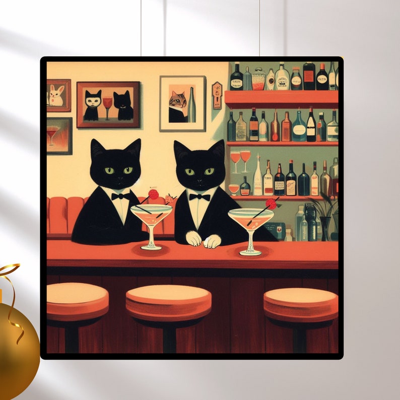 Cats Cocktail Print, Black Cats Day Drinking, Retro Bar Cart Cocktail Poster, Cute Apartment Wall Art tuxedo cats