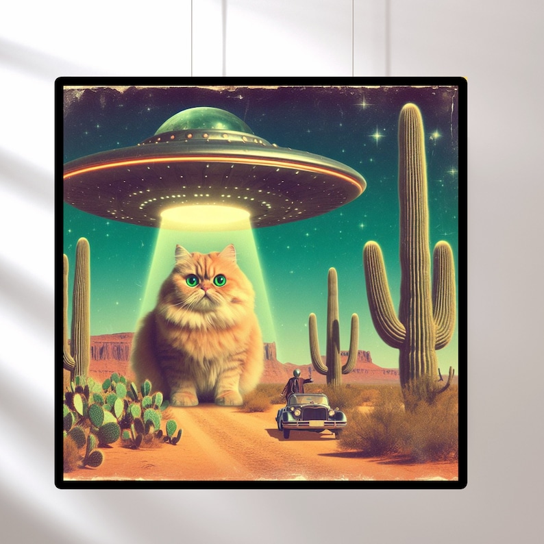 Cat Abduction Trendy Western Desert Wall Art, Vintage 1950's Inspired UFO Sighting Boyfriend Gift orange tabby