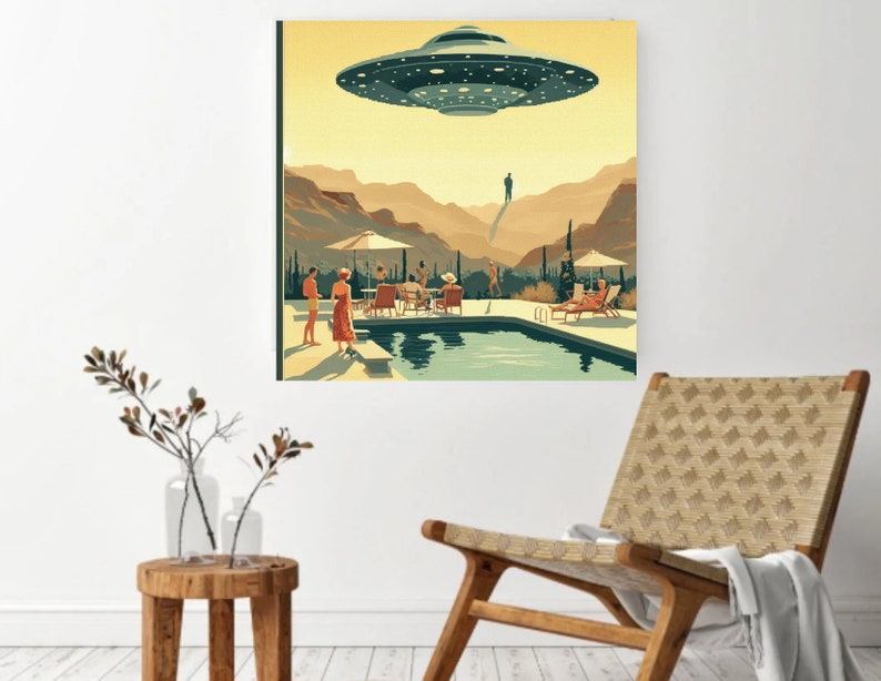 Vintage 1950's Inspired UFO Art, Retro Futuristic, MCM Wall Art, Atomic Age Poster, UFO Gifts, Poolside Sighting immagine 6