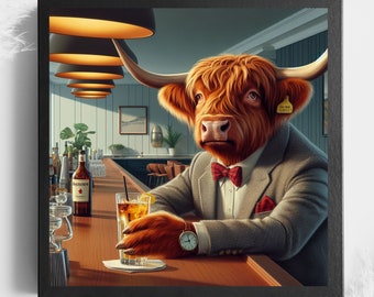 Funny Cow Art, Highland Cow Drinking Cocktails, Bar Cart Prints,  Home Gifts