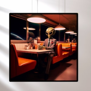 Aliens in Diners Getting Coffee I Dark Moody Wall Art Mid Century Modern I Handmade Retro Diner Art Prints Tinder no show