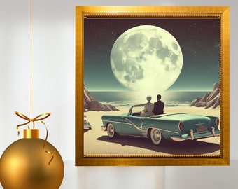 Surreal Moon Drive-In, Vintage 1950's Inspired Romantic Wall Art, Giclee Art Print