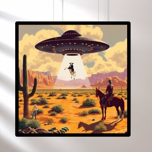 UFO Art, Retro Sci-Fi Art, Vintage 1950's Inspired UFO Sighting Space Cowboy Boyfriend Gift cow abduction