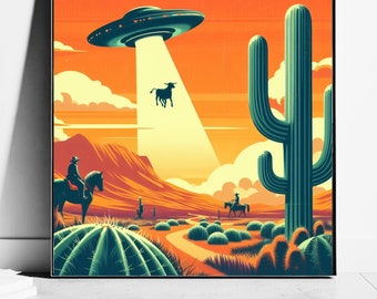 Cow Abduction with Cactus - Trendy Western Wall Art - Vintage UFO Art | Boyfriend Gift