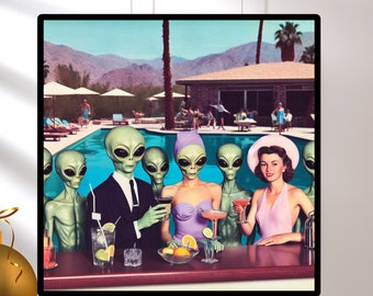 Vintage 1960's Inspired Alien Cocktail Party Print, Trendy Palm Springs Mid Century Wall Art