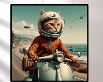 Cats on Vespas Poster- Funny Cat Art, retro wall art trendy