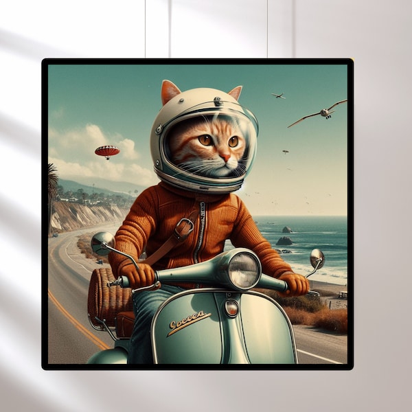 Cats on Vespas Poster- Funny Cat Art, retro wall art trendy